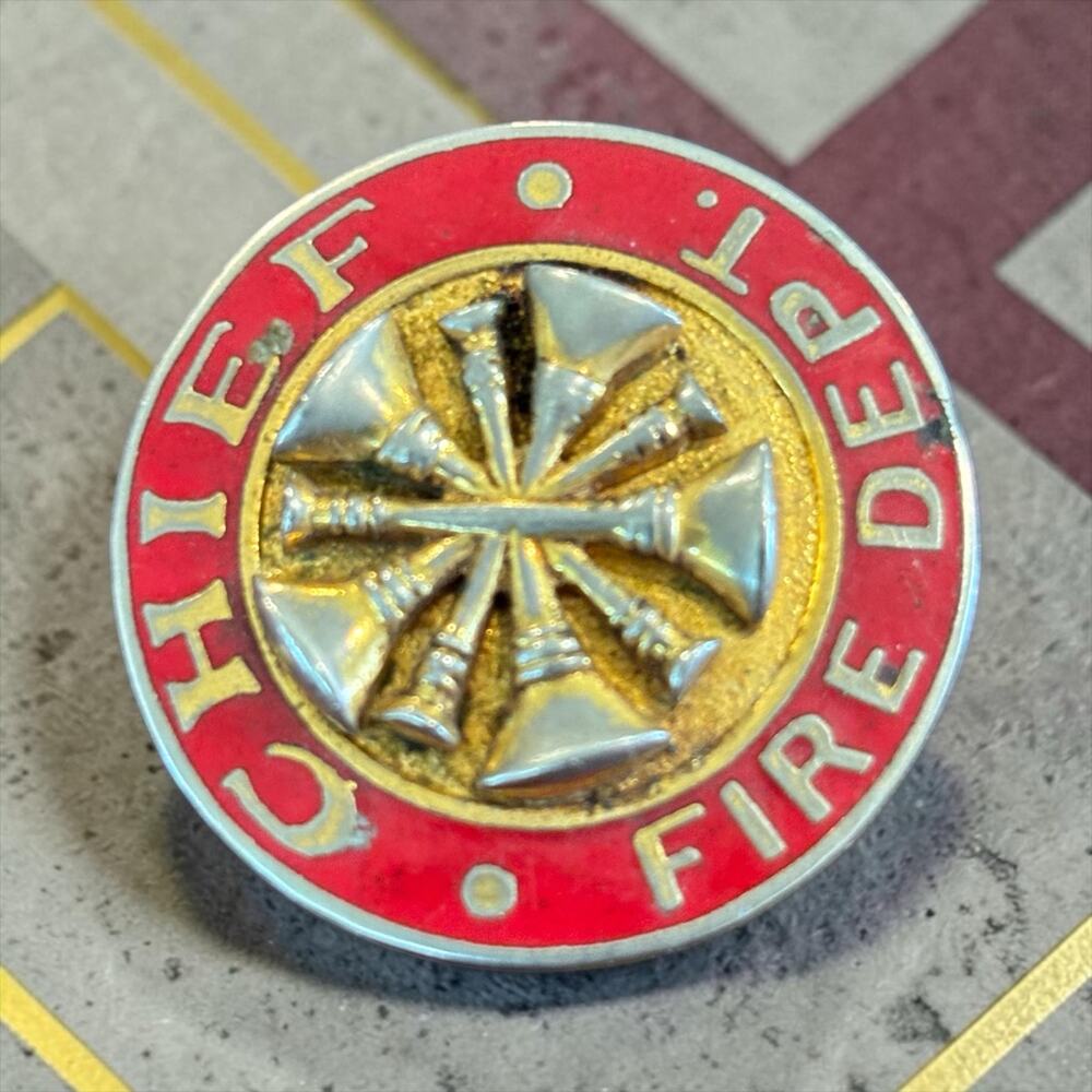 Vintage Fire Chief Brooch Red Enamel Firefighter Trumpet Horn Badge Pin